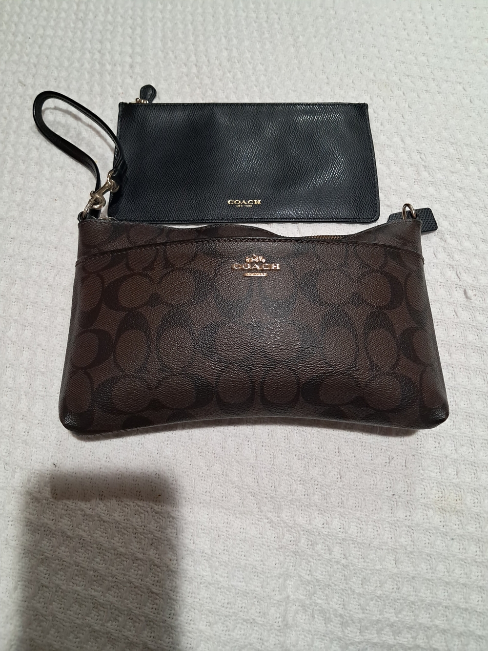 Coach Brown Signature Coated Canvas and Black Leather Wristlet Set